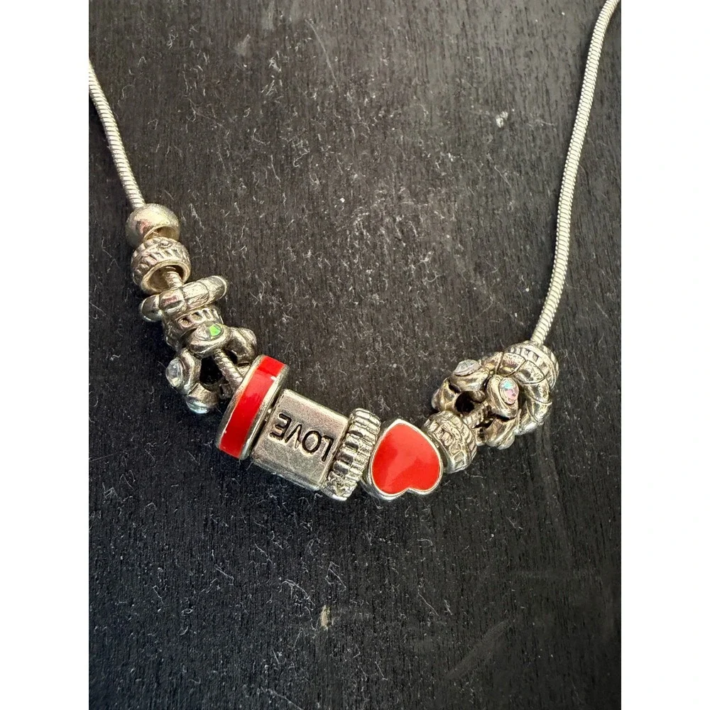 Snake Charm Necklace Silver‎ Tone Red Love You Heart Enamel Women Rhinestone
